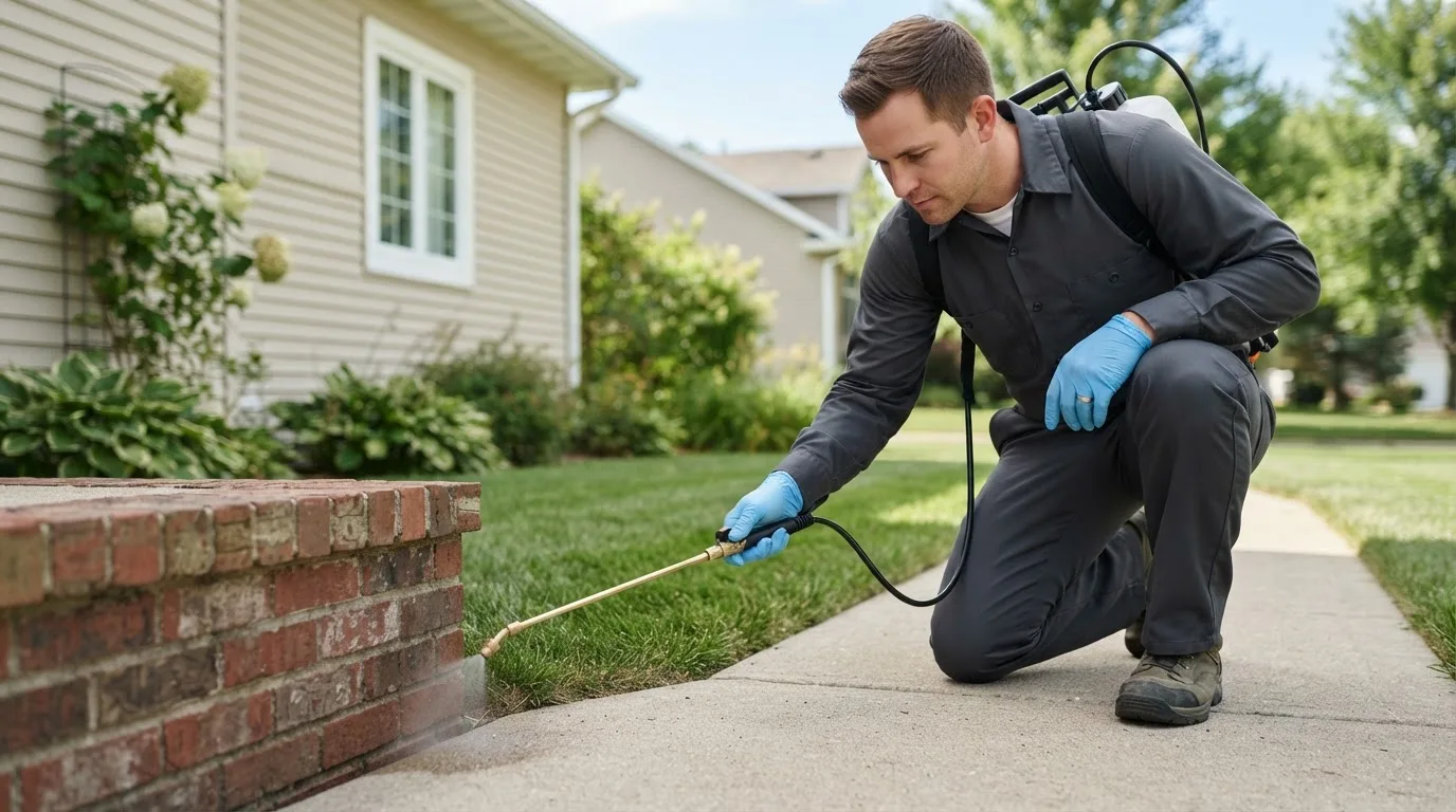 Pest control technician treating a home near Mirando City, TX