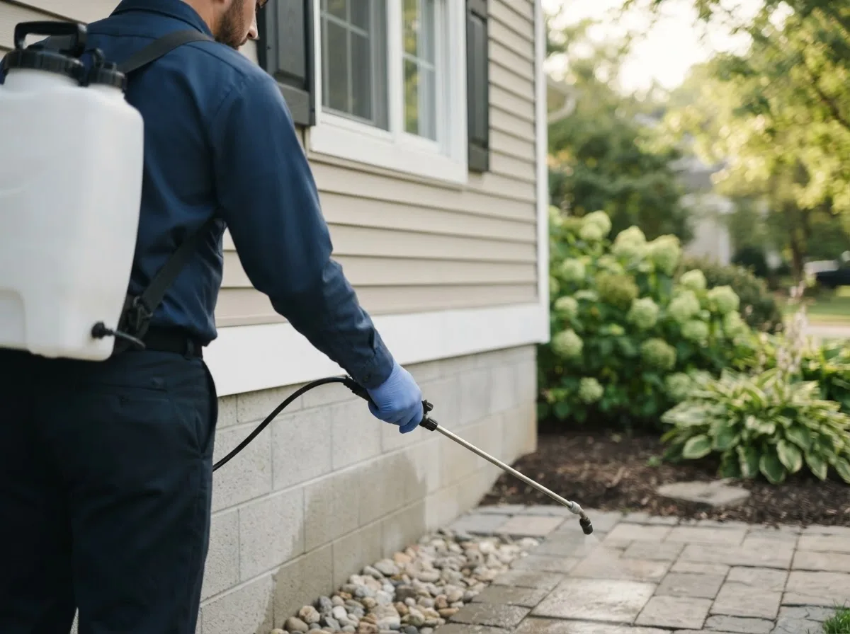 Pest control technician inspecting a home in Mirando City, TX